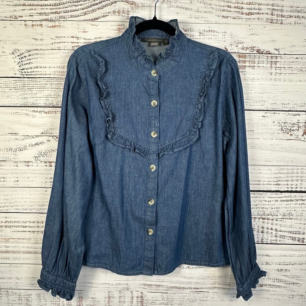 Womens French Connection Blue Chambray Yoke High Neck Ruffle Button Up Shirt 8 M